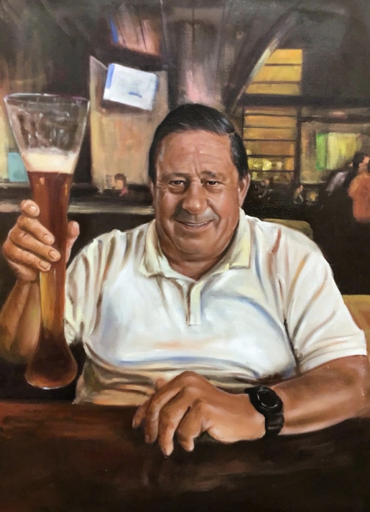 Oil painting of John Coe seated at a bar, raising a tall pilsner glass of beer